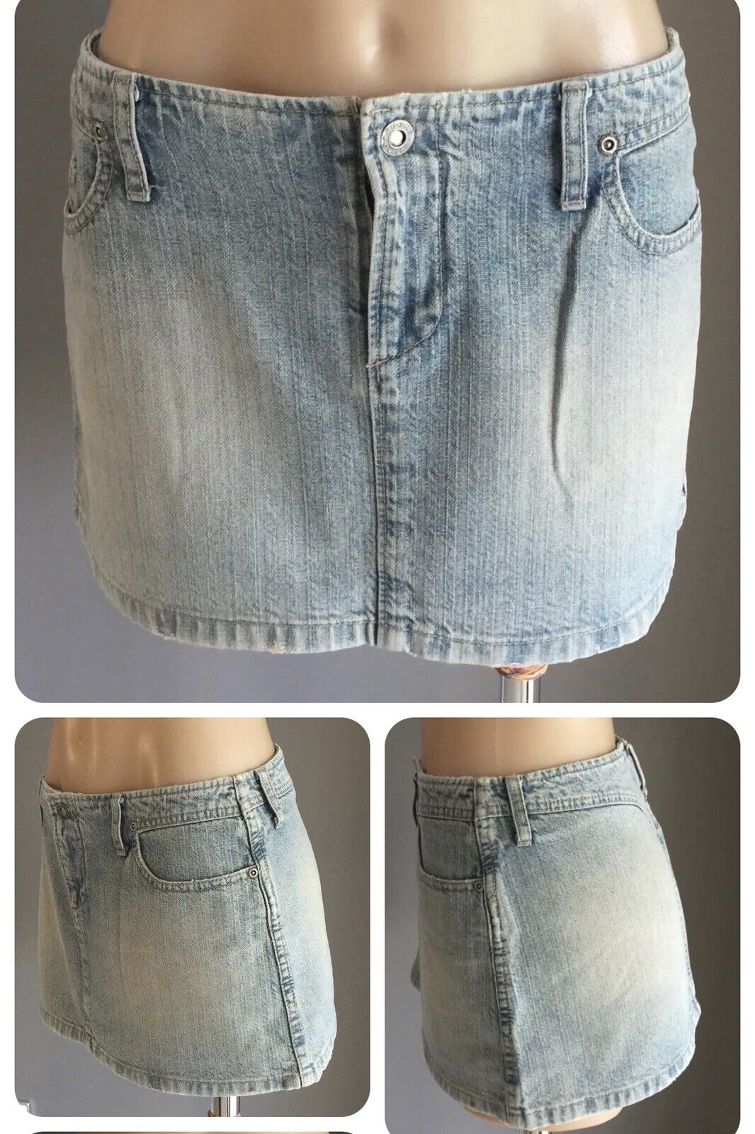 RIDERS by LEE Jeans Mini Skirt Blue Denim Faded Ladies Sz14 Cheeky Bum Vintage