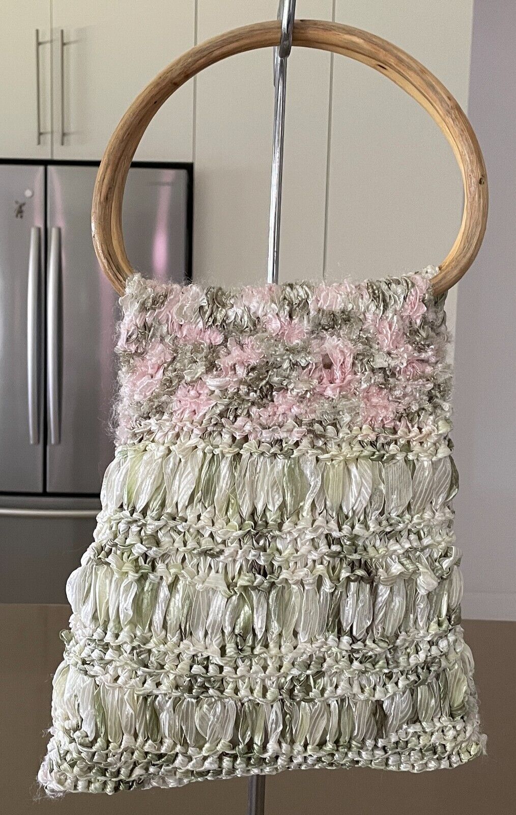 Vintage Knit Bag w Cane Handles Pink Green Off White Shopper Handbag Bespoke
