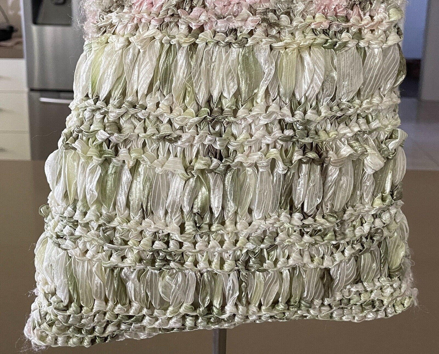 Vintage Knit Bag w Cane Handles Pink Green Off White Shopper Handbag Bespoke