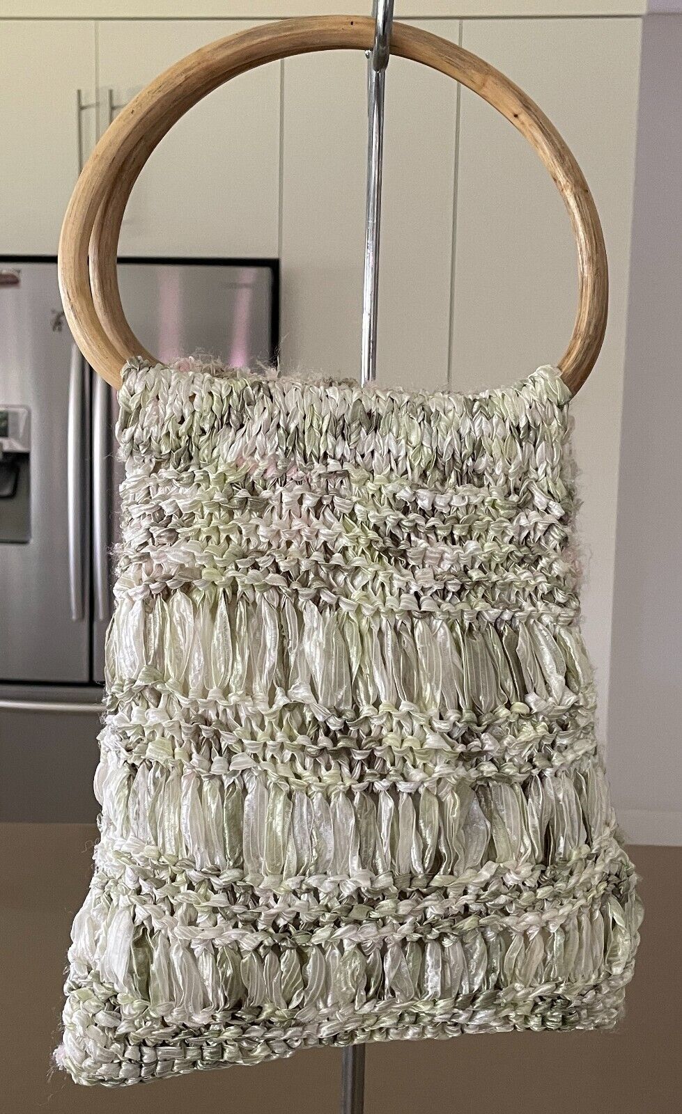 Vintage Knit Bag w Cane Handles Pink Green Off White Shopper Handbag Bespoke