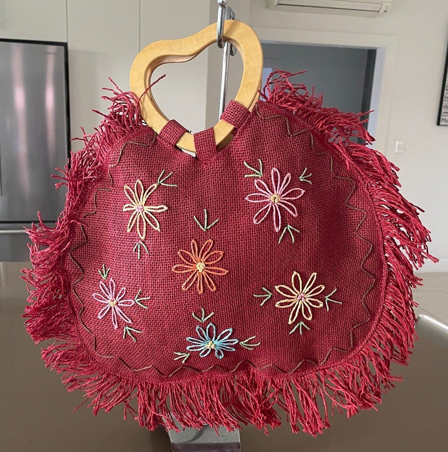 Shopper Bag Burgundy Red Raffia Heart Cane Handles Multicoloured Flowers Fringed