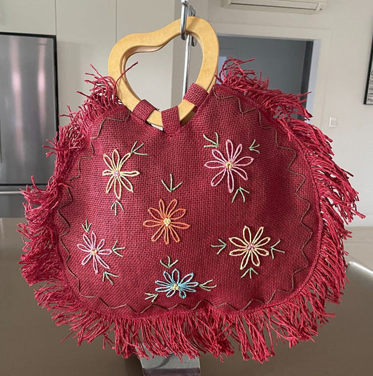 Shopper Bag Burgundy Red Raffia Heart Cane Handles Multicoloured Flowers Fringed
