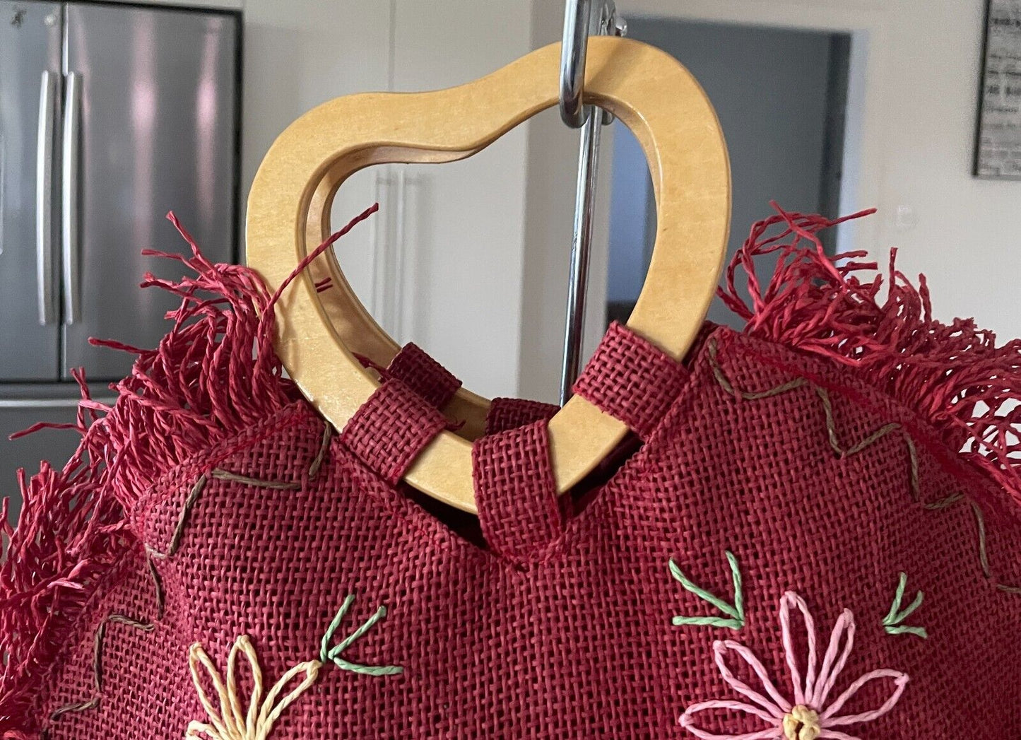 Shopper Bag Burgundy Red Raffia Heart Cane Handles Multicoloured Flowers Fringed