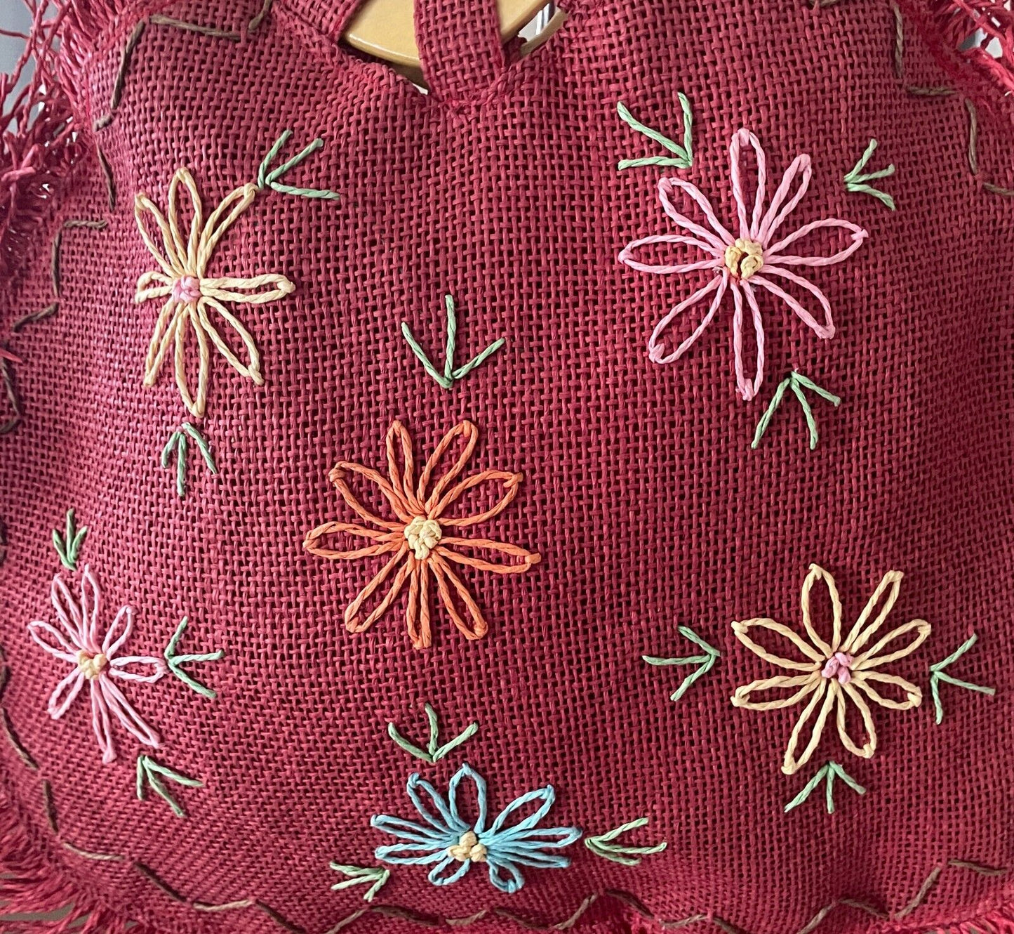 Shopper Bag Burgundy Red Raffia Heart Cane Handles Multicoloured Flowers Fringed