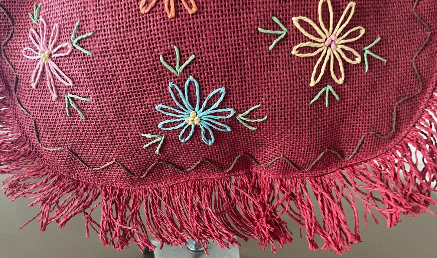 Shopper Bag Burgundy Red Raffia Heart Cane Handles Multicoloured Flowers Fringed