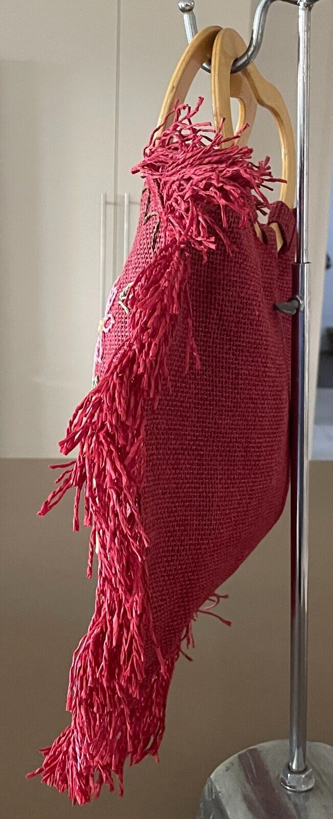 Shopper Bag Burgundy Red Raffia Heart Cane Handles Multicoloured Flowers Fringed