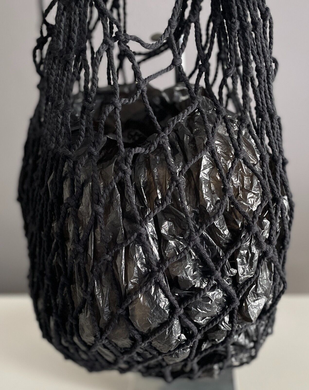String Bag Black  Shopper Shoulder Tote Cotton Macrame Eco Save the Planet