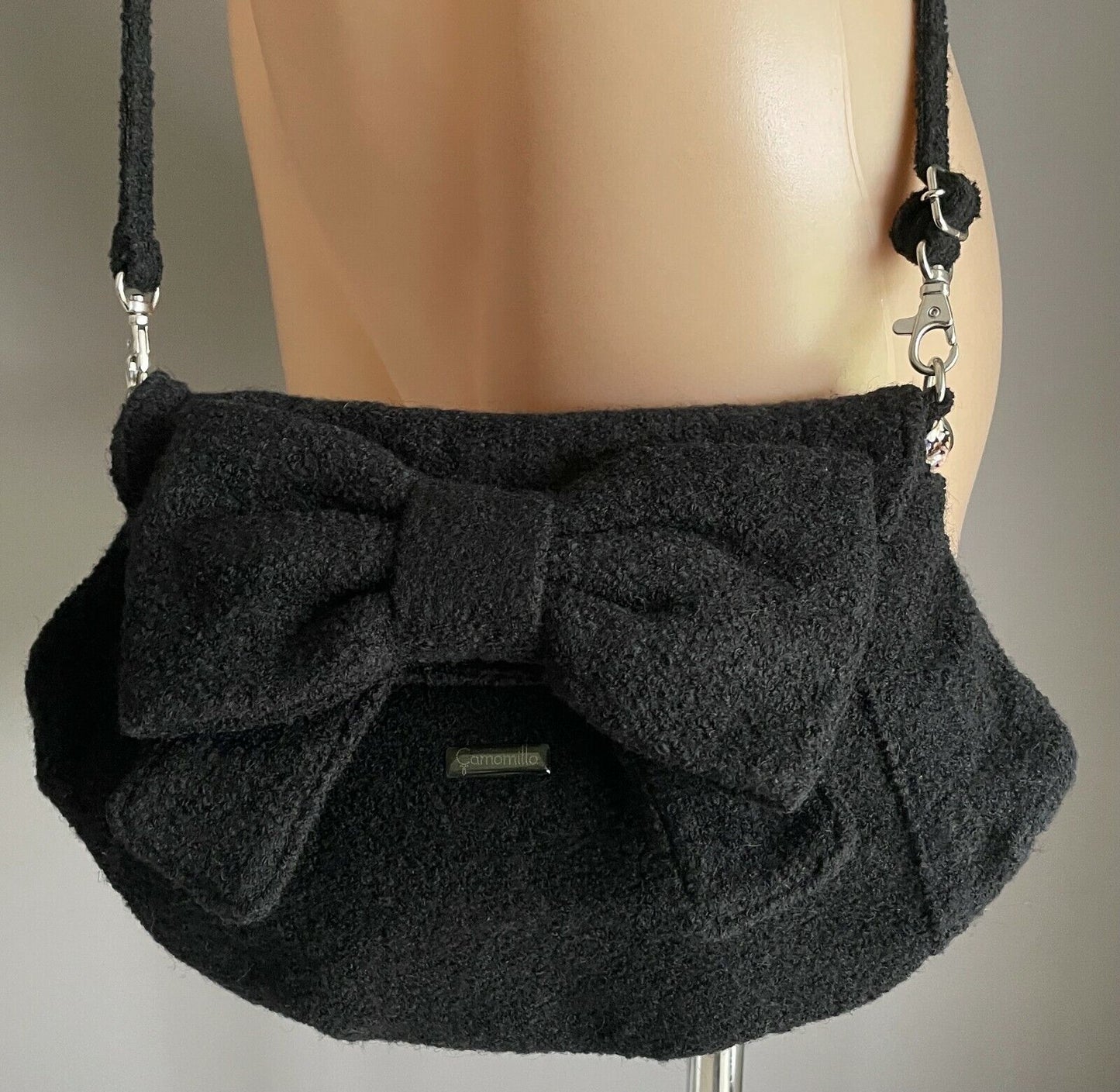 CAMOMILLA MILANO Black Handbag Boucle Fabric Shoulder Clutch Bag w Bow Italy NEW