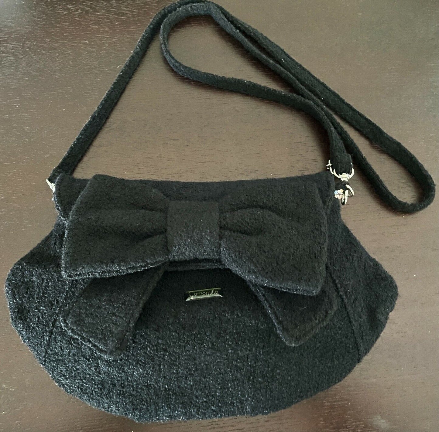 CAMOMILLA MILANO Black Handbag Boucle Fabric Shoulder Clutch Bag w Bow Italy NEW