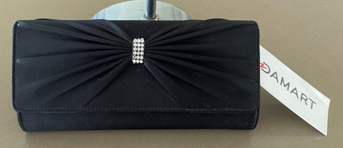 Evening Bag DAMART  "Audrey" Black Satin Look Bow & Crystal Trim Clutch Shoulder