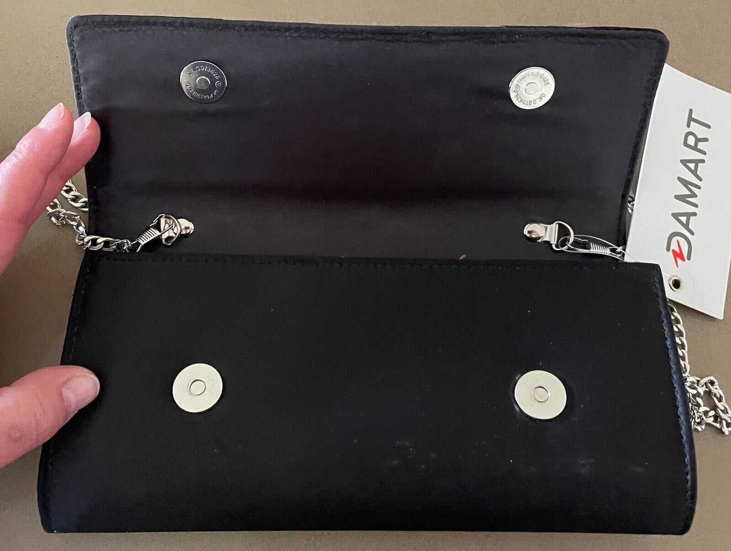Evening Bag DAMART  "Audrey" Black Satin Look Bow & Crystal Trim Clutch Shoulder