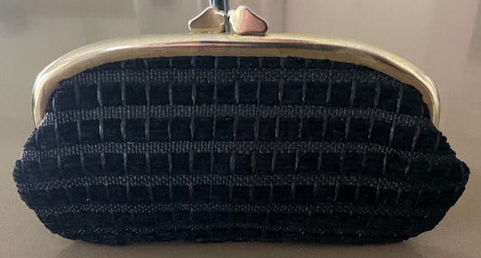 LANZA Evening Bag Black Textured Fabric Clutch GoldFrame Clasp Vintage 1960's