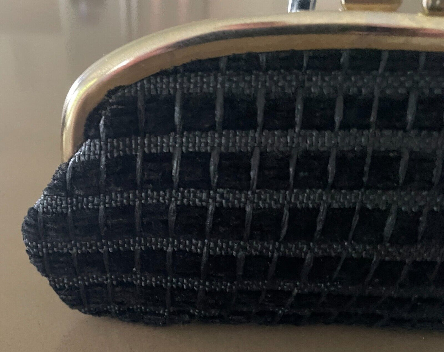 LANZA Evening Bag Black Textured Fabric Clutch GoldFrame Clasp Vintage 1960's