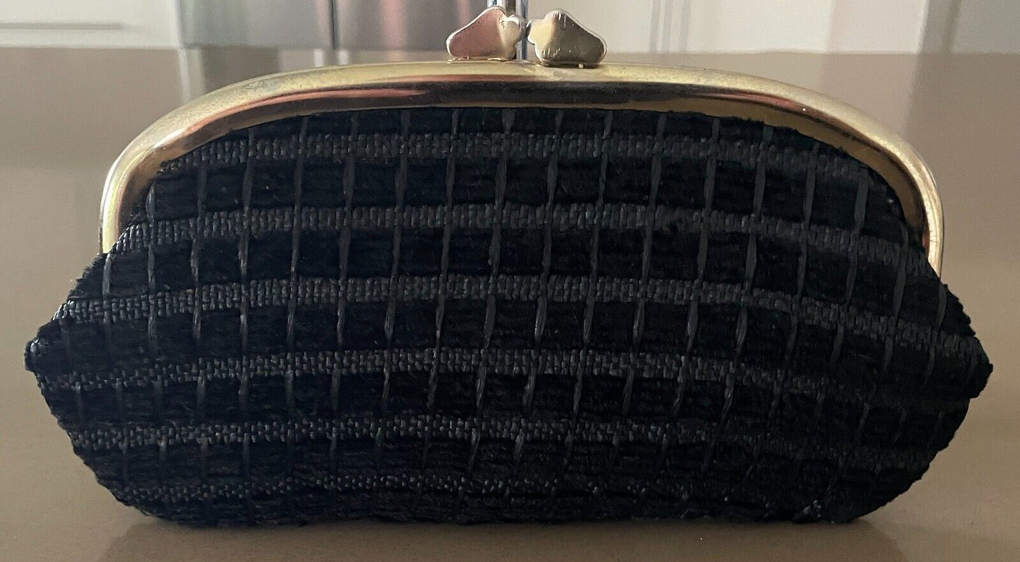 LANZA Evening Bag Black Textured Fabric Clutch GoldFrame Clasp Vintage 1960's