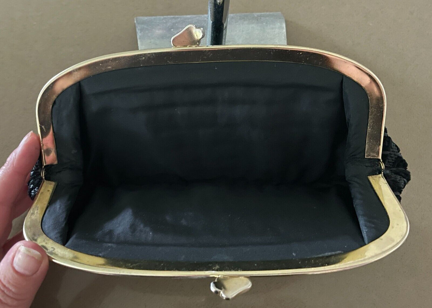LANZA Evening Bag Black Textured Fabric Clutch GoldFrame Clasp Vintage 1960's