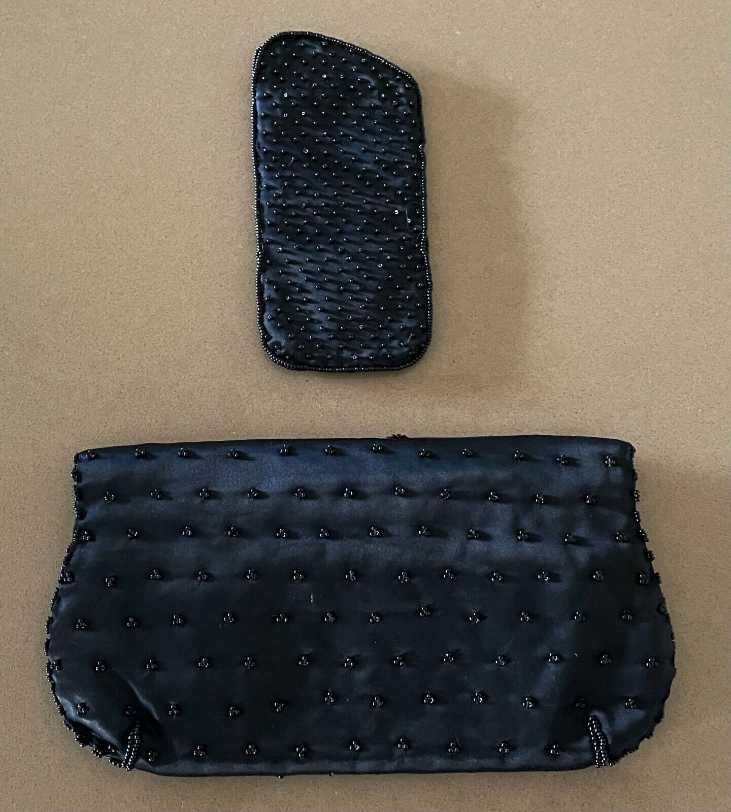 Evening Bag 2 Pce Set Hand Beaded Black Satin Foldover Clutch Bag Flat GlassCase