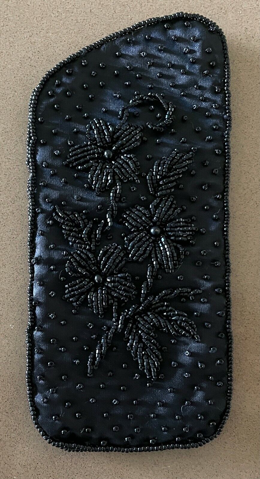 Evening Bag 2 Pce Set Hand Beaded Black Satin Foldover Clutch Bag Flat GlassCase