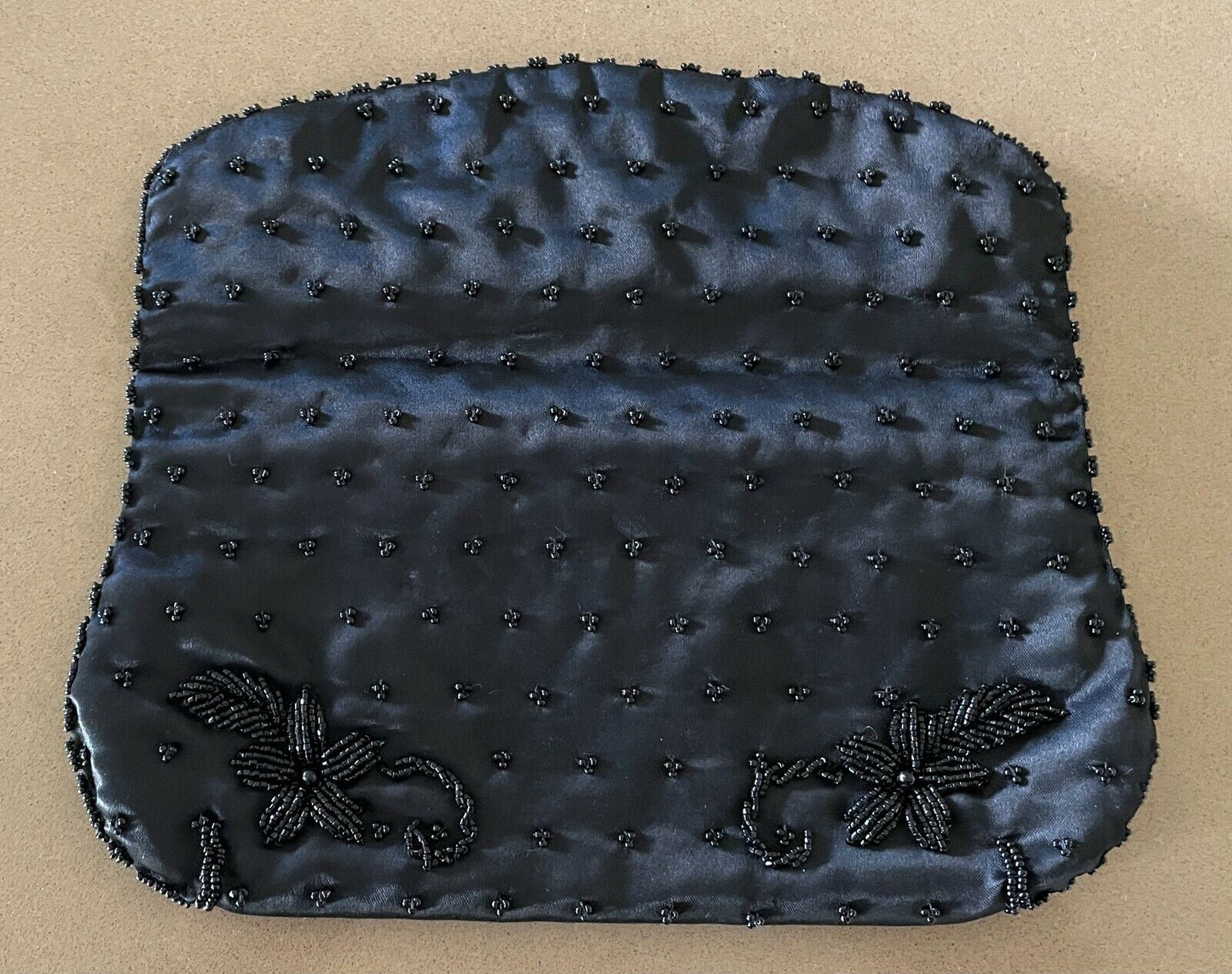Evening Bag 2 Pce Set Hand Beaded Black Satin Foldover Clutch Bag Flat GlassCase