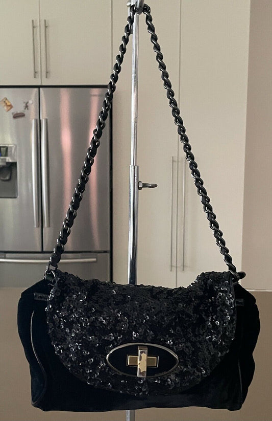 MIMCO Black Shoulder Bag Velvet & Sequins Handbag Cross Body Clutch Purse