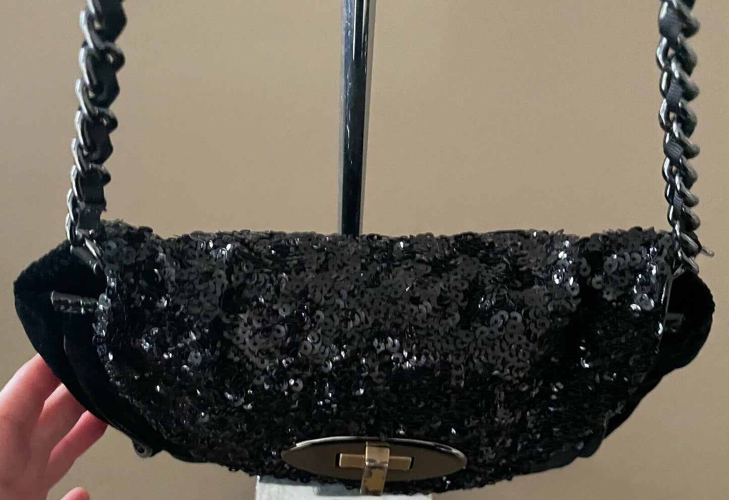 MIMCO Black Shoulder Bag Velvet & Sequins Handbag Cross Body Clutch Purse