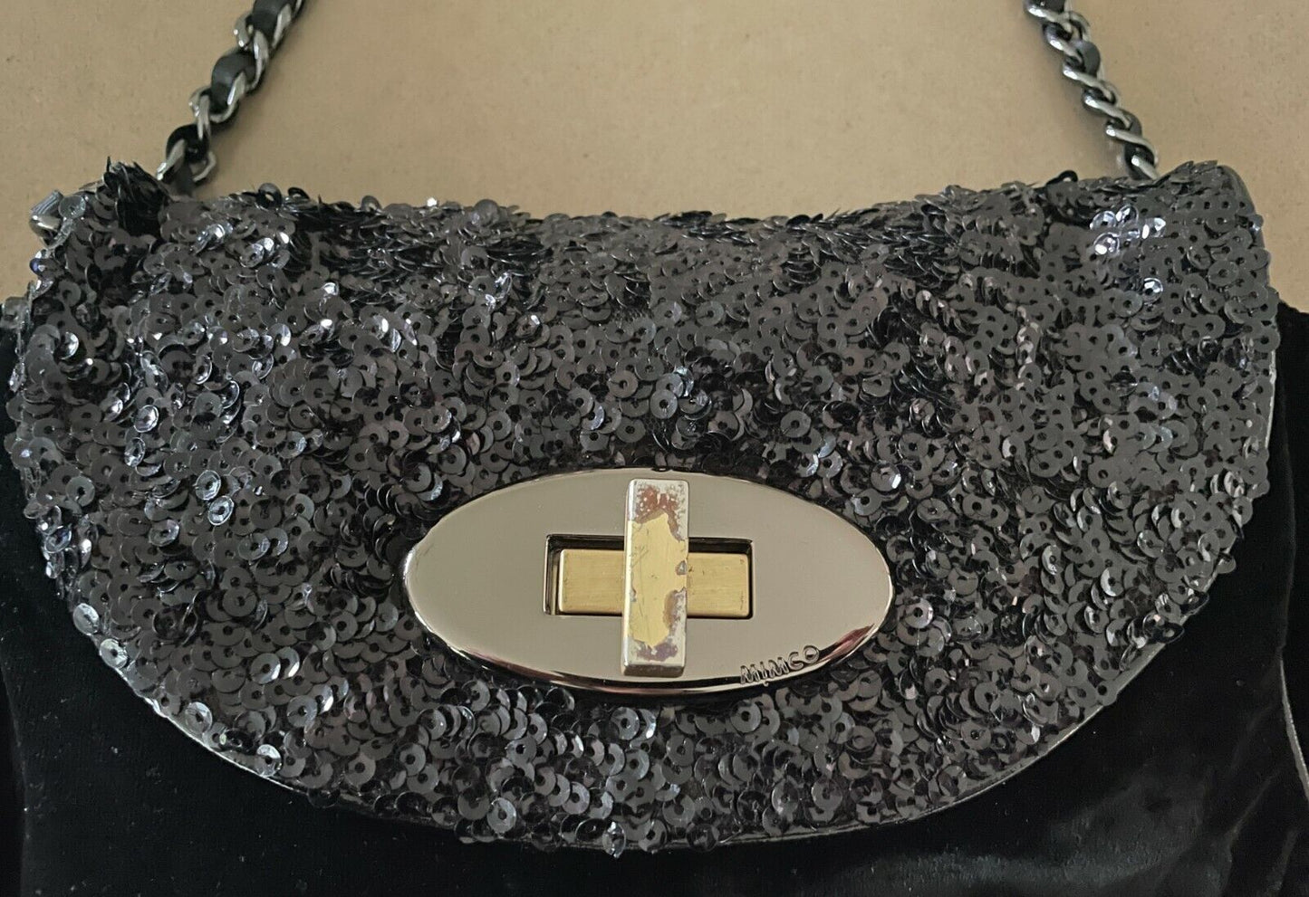 MIMCO Black Shoulder Bag Velvet & Sequins Handbag Cross Body Clutch Purse