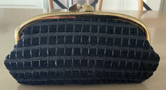 LANZA Evening Bag Vintage 1960's Black Textured Fabric Clutch Gold Frame Clasp