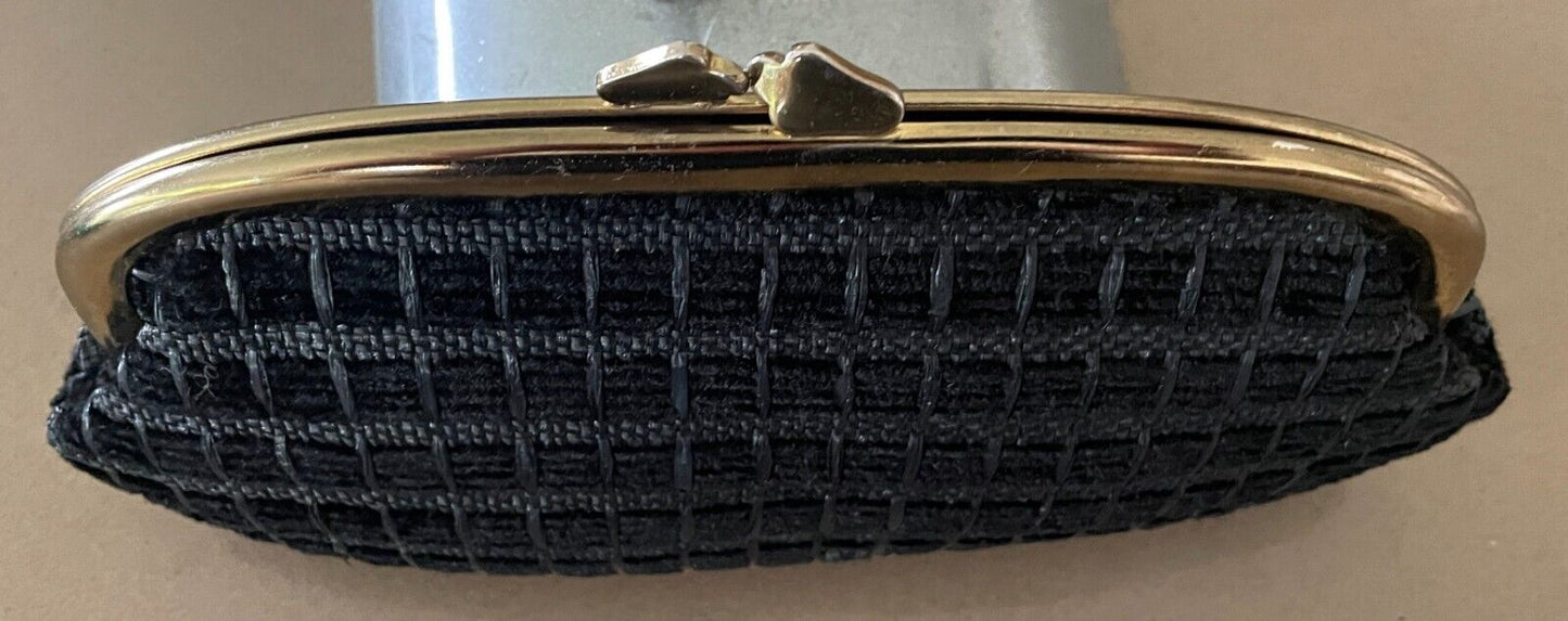 LANZA Evening Bag Vintage 1960's Black Textured Fabric Clutch Gold Frame Clasp