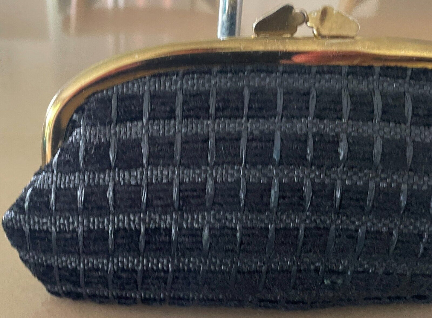 LANZA Evening Bag Vintage 1960's Black Textured Fabric Clutch Gold Frame Clasp