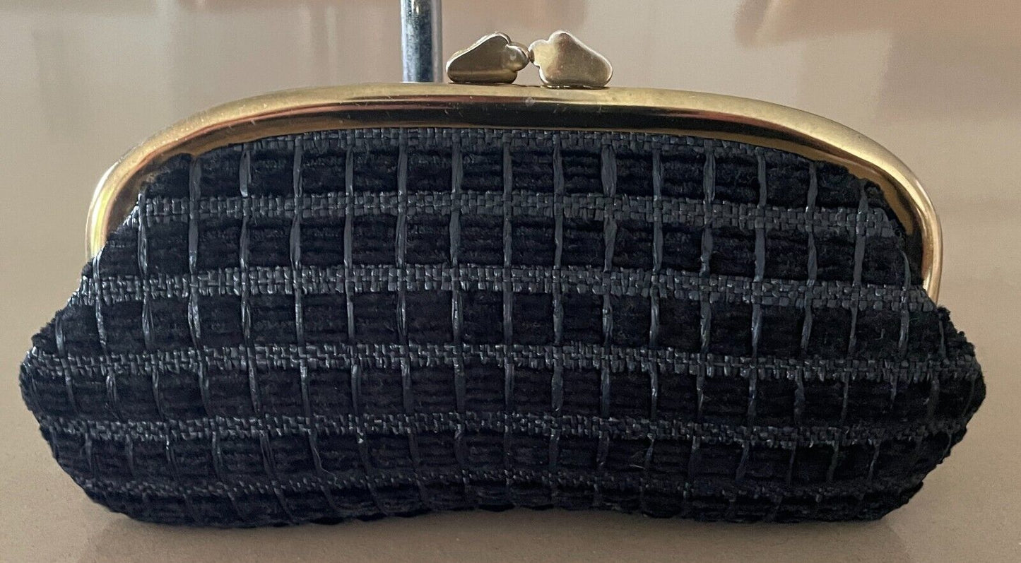 LANZA Evening Bag Vintage 1960's Black Textured Fabric Clutch Gold Frame Clasp