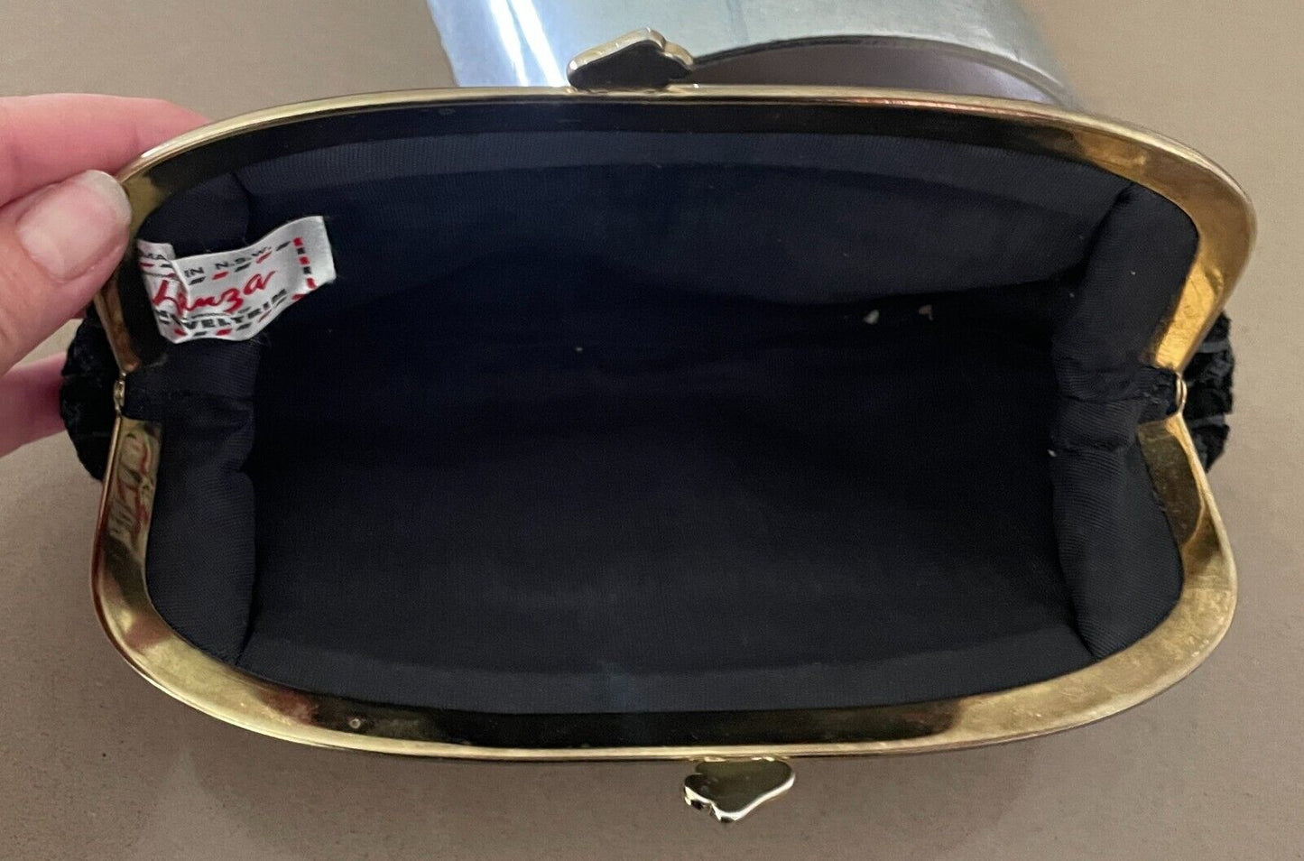 LANZA Evening Bag Vintage 1960's Black Textured Fabric Clutch Gold Frame Clasp