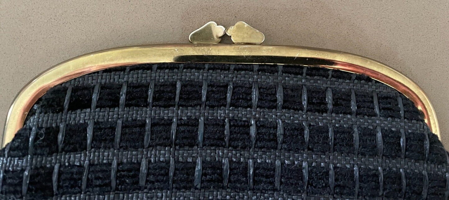 LANZA Evening Bag Vintage 1960's Black Textured Fabric Clutch Gold Frame Clasp