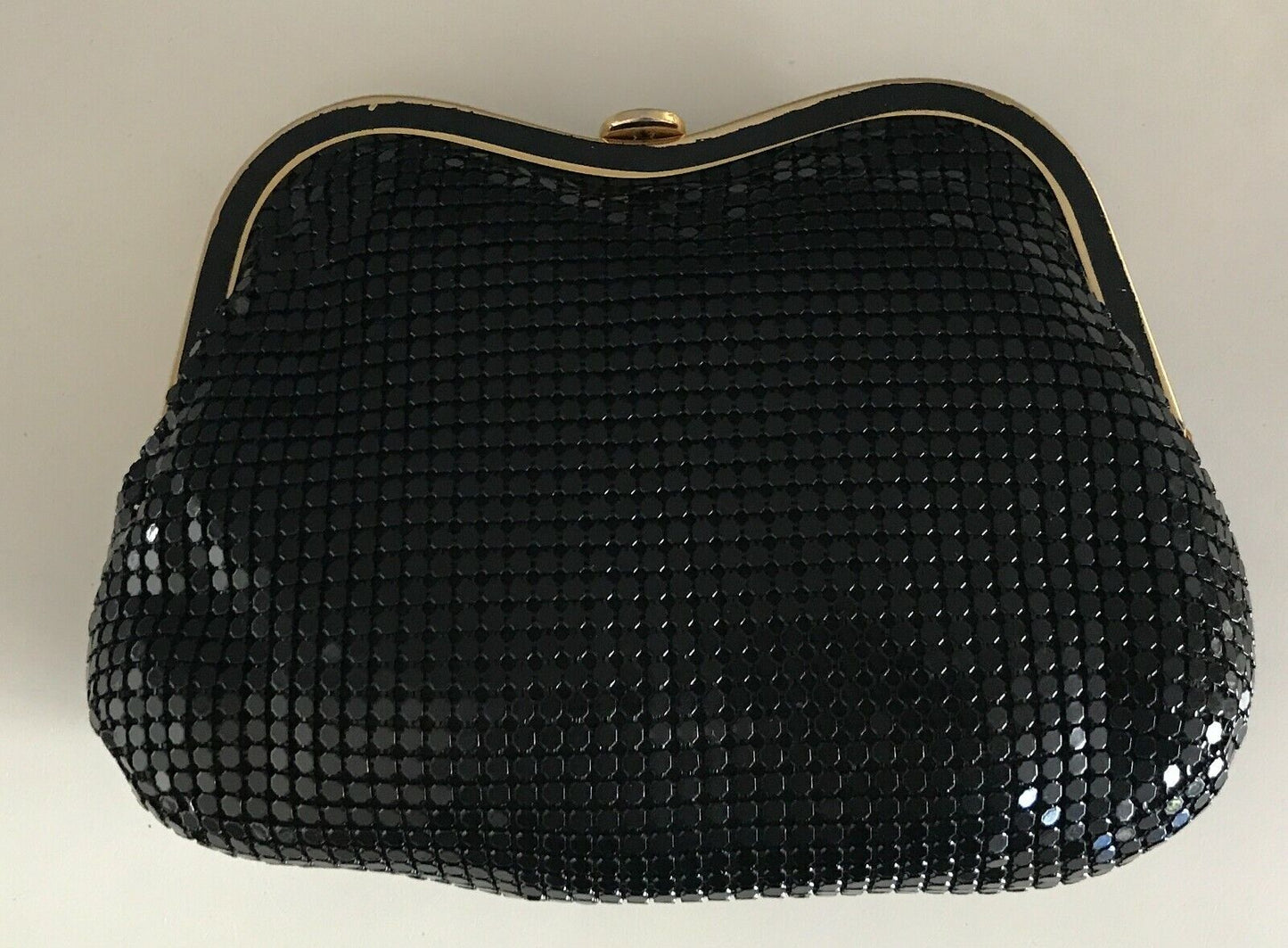 Vintage 1960's Black ALUMINIUM BAG Clutch Bag Mesh Chain Mail Gold Curve Frame