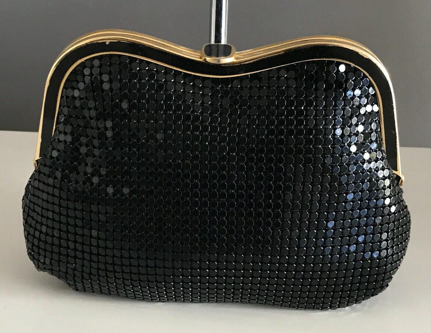 Vintage 1960's Black ALUMINIUM BAG Clutch Bag Mesh Chain Mail Gold Curve Frame
