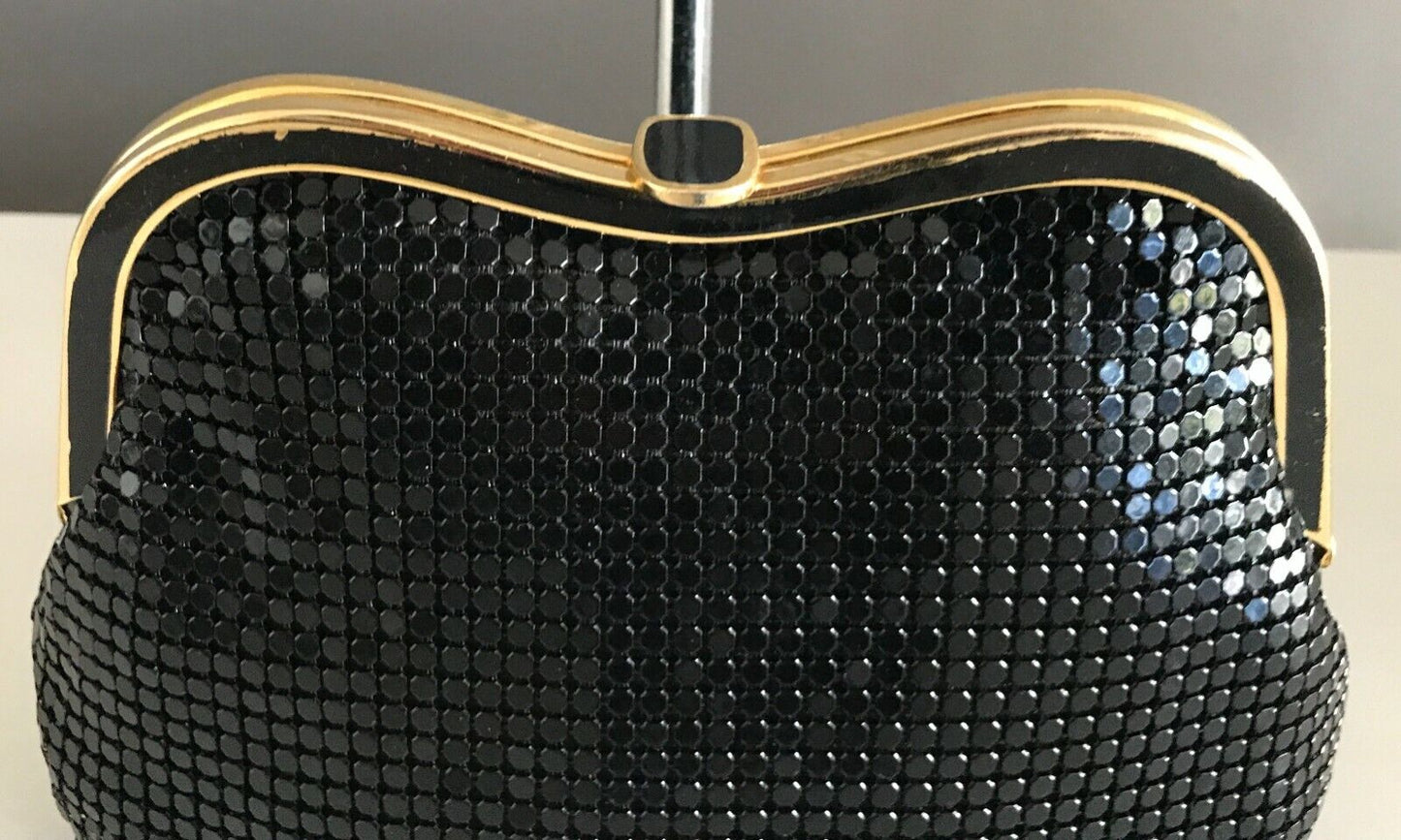 Vintage 1960's Black ALUMINIUM BAG Clutch Bag Mesh Chain Mail Gold Curve Frame