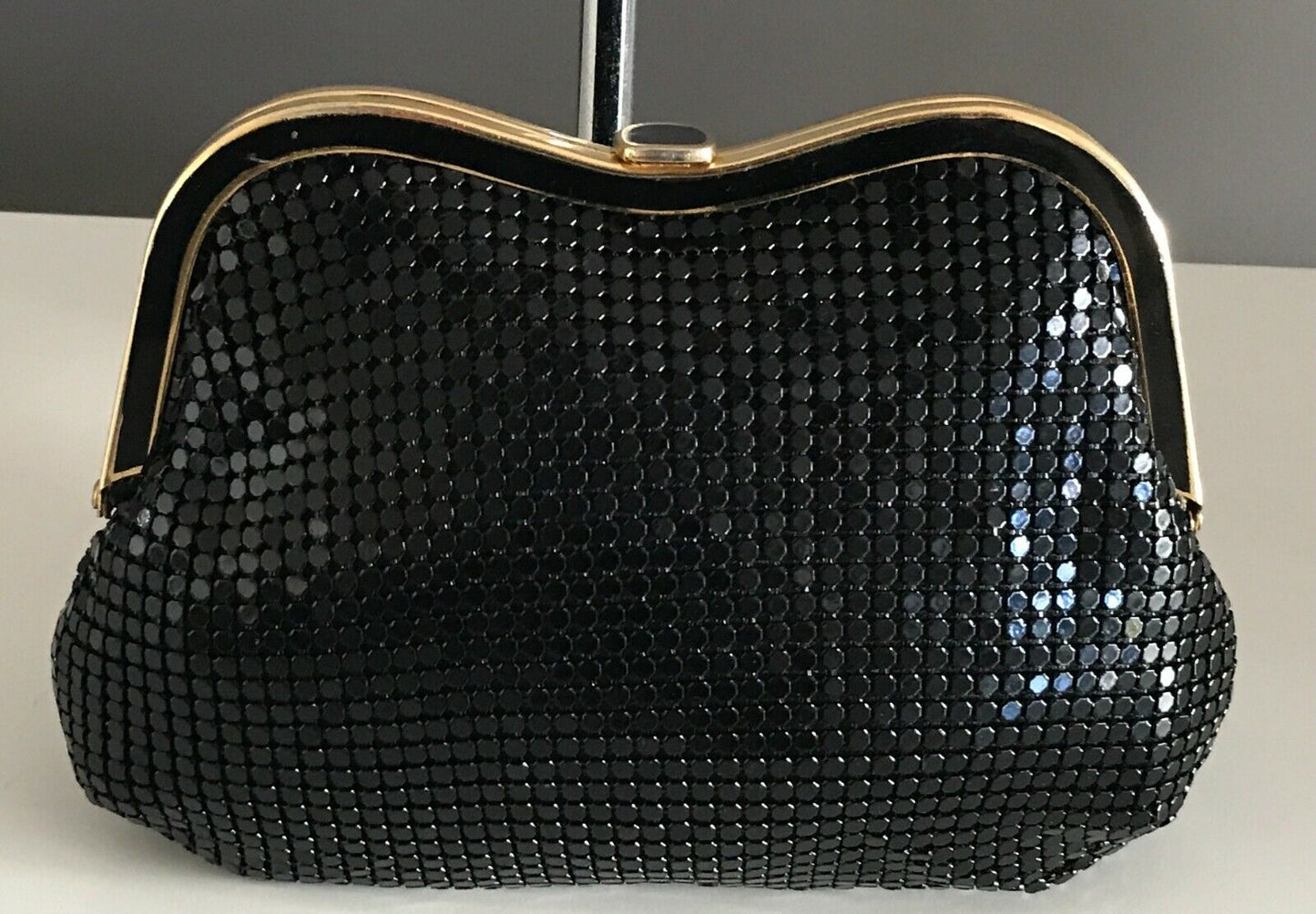 Vintage 1960's Black ALUMINIUM BAG Clutch Bag Mesh Chain Mail Gold Curve Frame