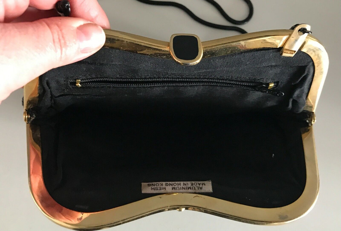 Vintage 1960's Black ALUMINIUM BAG Clutch Bag Mesh Chain Mail Gold Curve Frame