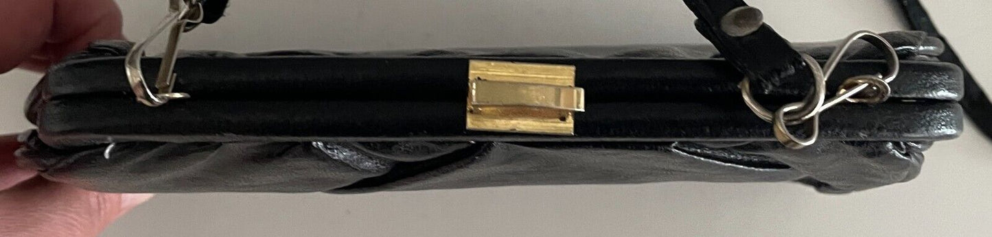 Vintage Black Shoulder Bag Clutch Pleather Frame w Tuck in Shoulder Strap