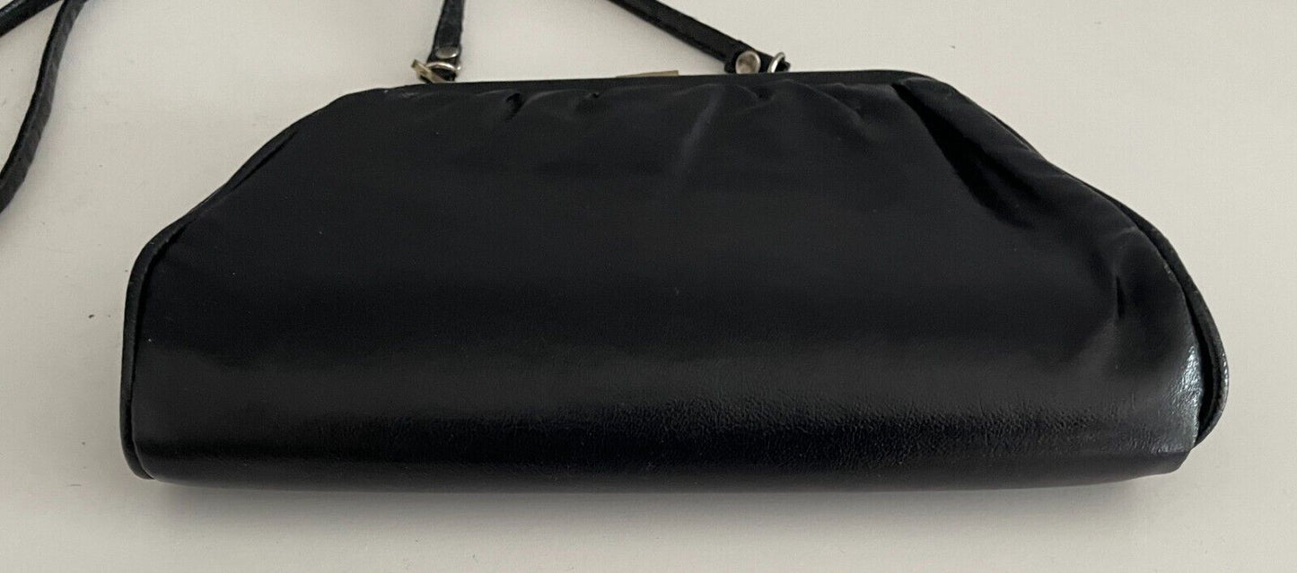 Vintage Black Shoulder Bag Clutch Pleather Frame w Tuck in Shoulder Strap