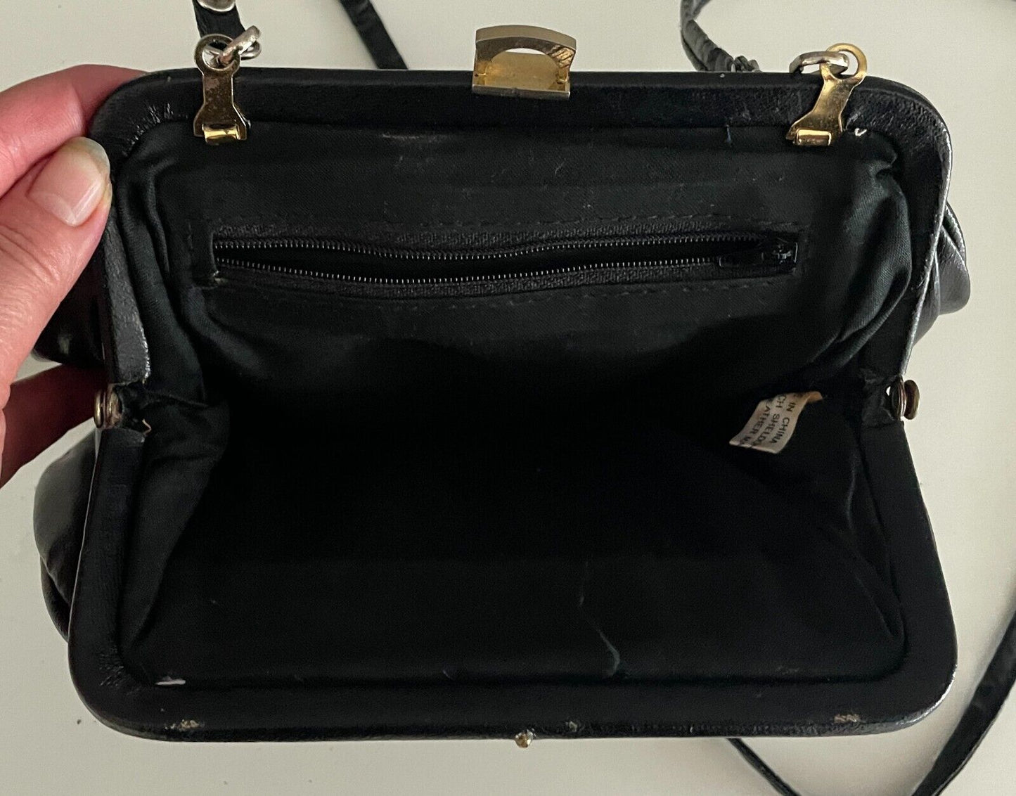 Vintage Black Shoulder Bag Clutch Pleather Frame w Tuck in Shoulder Strap