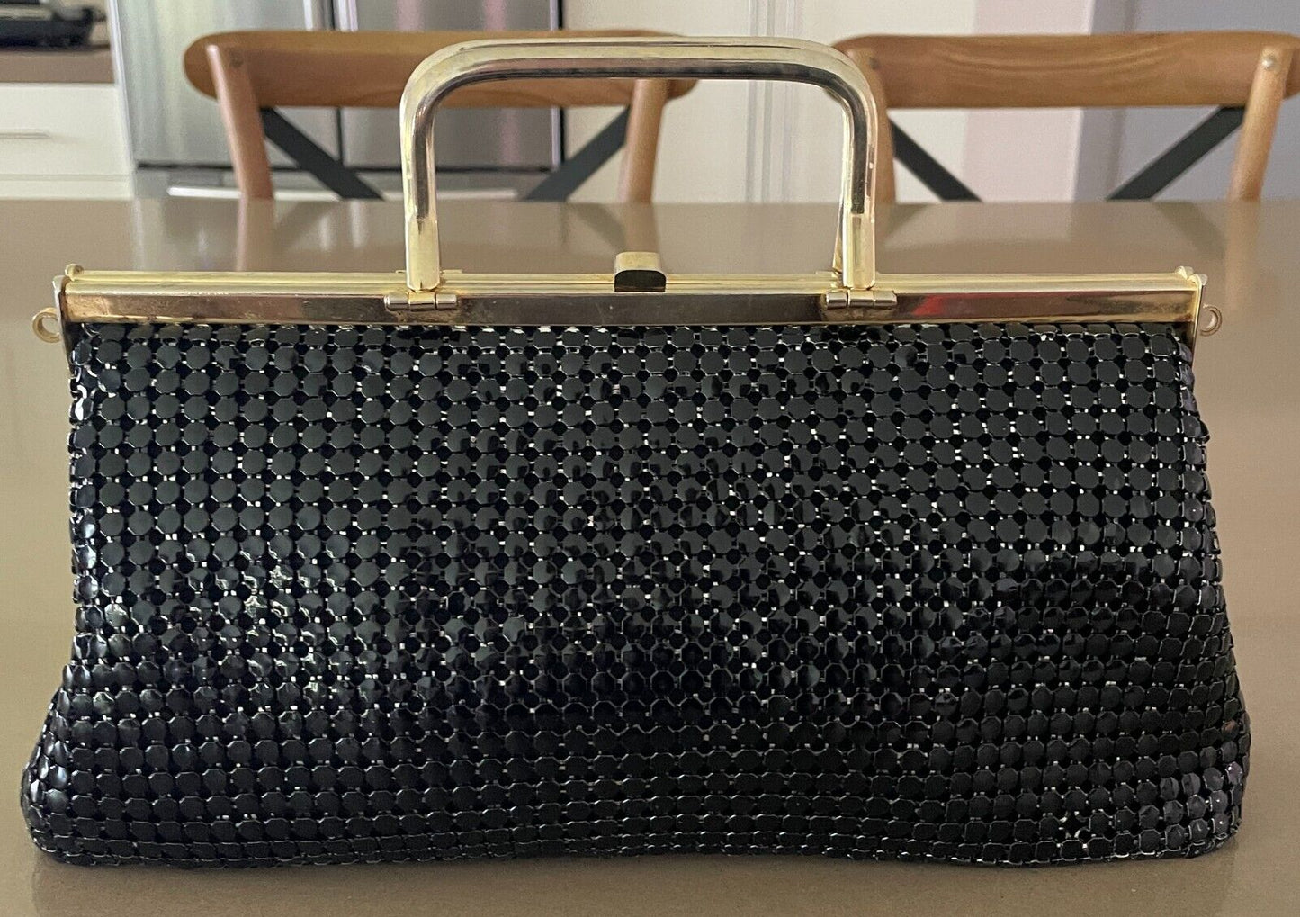 Vtg 70s HandBag Black Metal Mesh Medium Clutch Gold Tone Metal Handles Bag