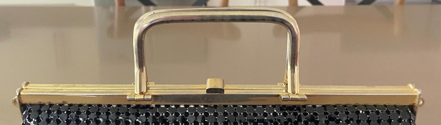 Vtg 70s HandBag Black Metal Mesh Medium Clutch Gold Tone Metal Handles Bag