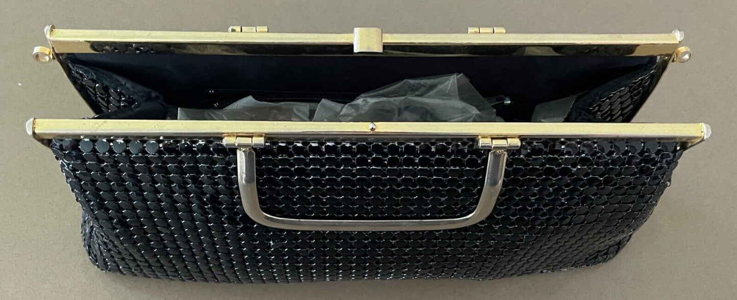 Vtg 70s HandBag Black Metal Mesh Medium Clutch Gold Tone Metal Handles Bag