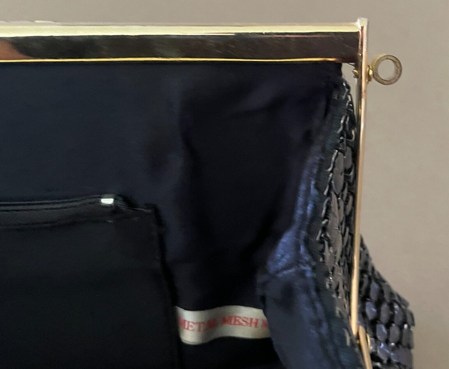 Vtg 70s HandBag Black Metal Mesh Medium Clutch Gold Tone Metal Handles Bag