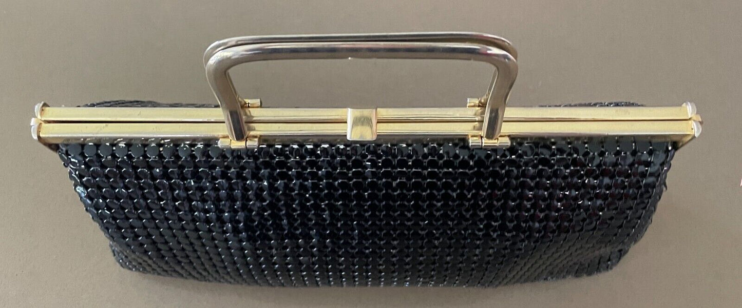 Vtg 70s HandBag Black Metal Mesh Medium Clutch Gold Tone Metal Handles Bag
