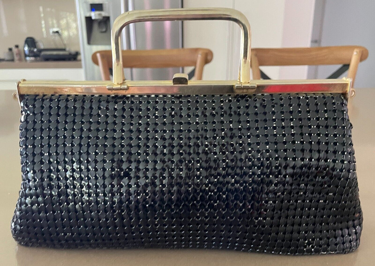 Vtg 70s HandBag Black Metal Mesh Medium Clutch Gold Tone Metal Handles Bag