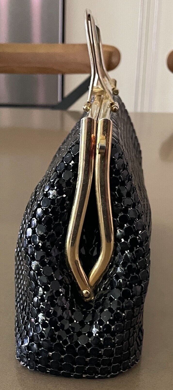 Vtg 70s HandBag Black Metal Mesh Medium Clutch Gold Tone Metal Handles Bag
