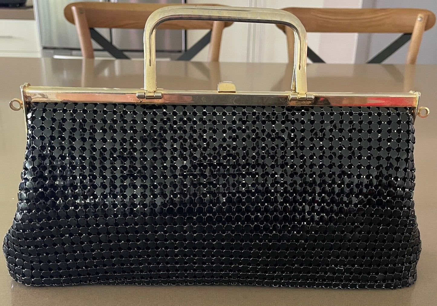 Vtg 70s HandBag Black Metal Mesh Medium Clutch Gold Tone Metal Handles Bag