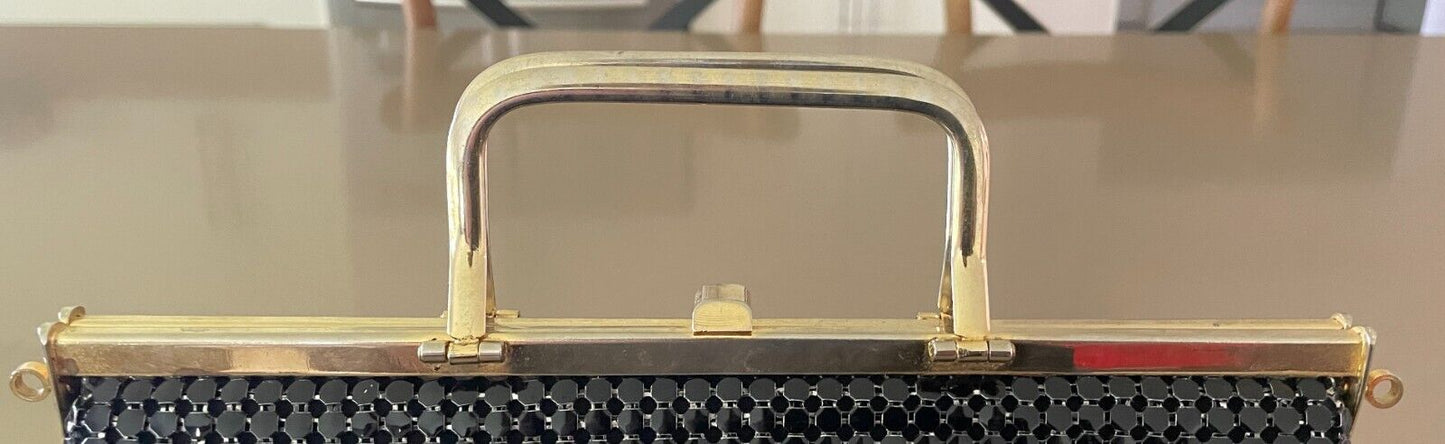 Vtg 70s HandBag Black Metal Mesh Medium Clutch Gold Tone Metal Handles Bag