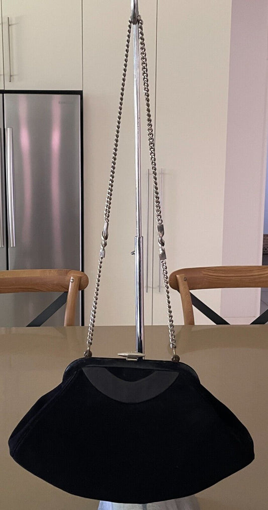 CORONET Shoulder Bag Black Suede & Leather Trim Clutch Frame Chain Strap Vintage