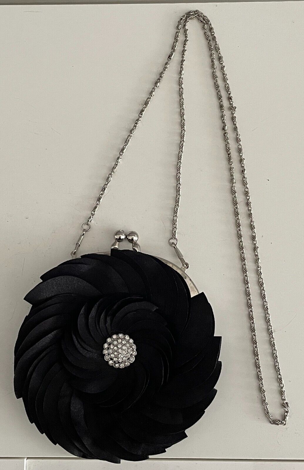 Evening Shoulder Bag Black Round Overlapping Clutch Crystal Brooch Embellishment